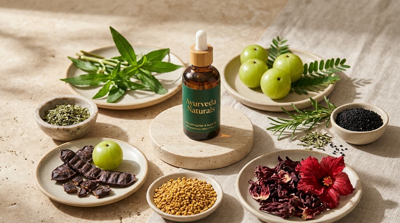 Ayurveda Naturals 15-herb hair regrowth oil with botanical herbs arrangement
