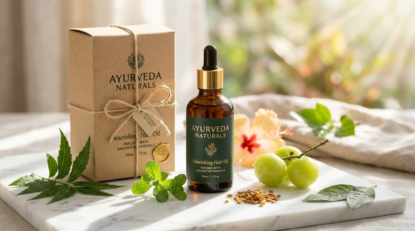 Ayurveda Naturals unboxing box and hair oil bottle with COD delivery checklist