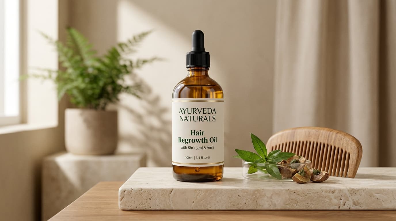 Ayurveda Naturals Hair Regrowth Oil on marble plinth with sandalwood comb for receding hairline