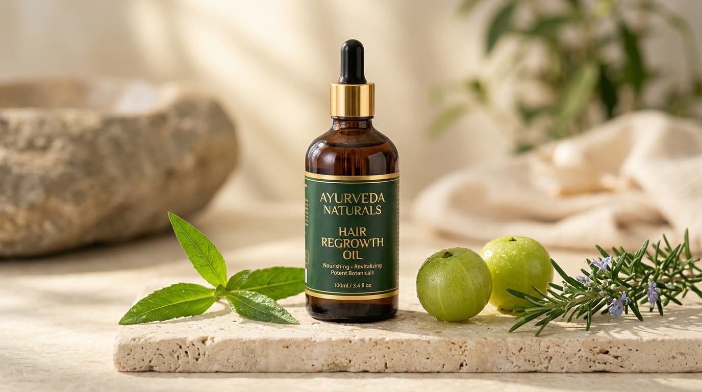 Ayurveda Naturals Hair Regrowth Oil with Bhringraj and Amla on travertine stone