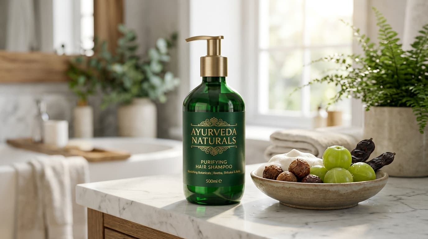 Ayurveda Naturals Purifying Hair Shampoo bottle with Reetha and Shikakai botanicals