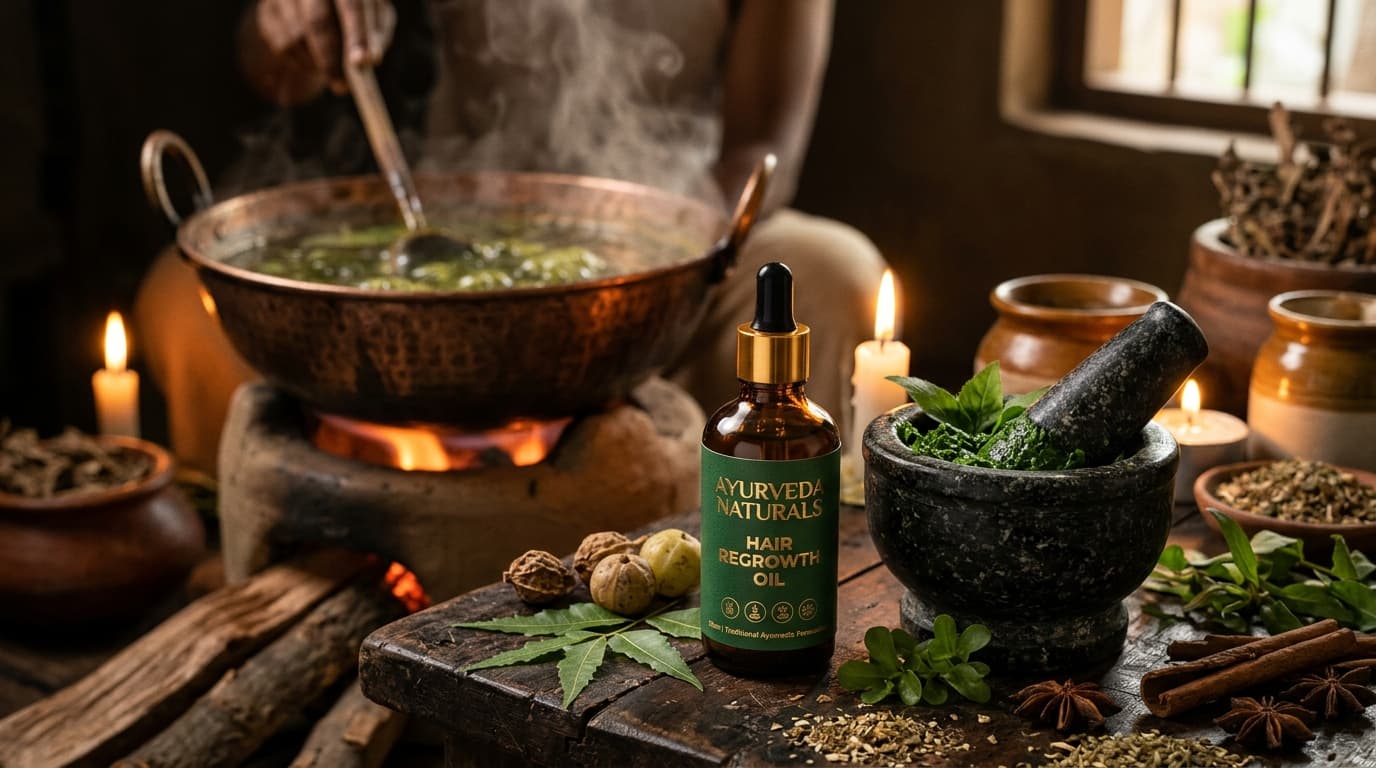 Ayurveda Naturals Tail Pak Vidhi oil simmering in traditional copper cauldron with mortar and pestle