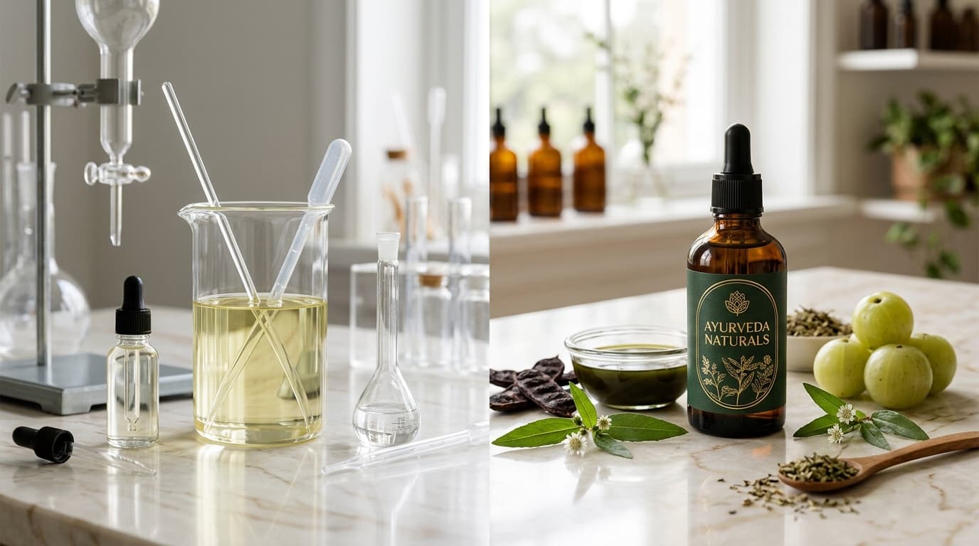 Ayurveda Naturals pure botanical hair oil compared with mineral oil in apothecary laboratory