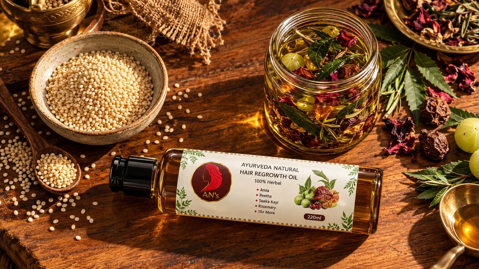 Sesame seeds and a botanical infusion jar beside Ayurveda Naturals oil on a wooden table