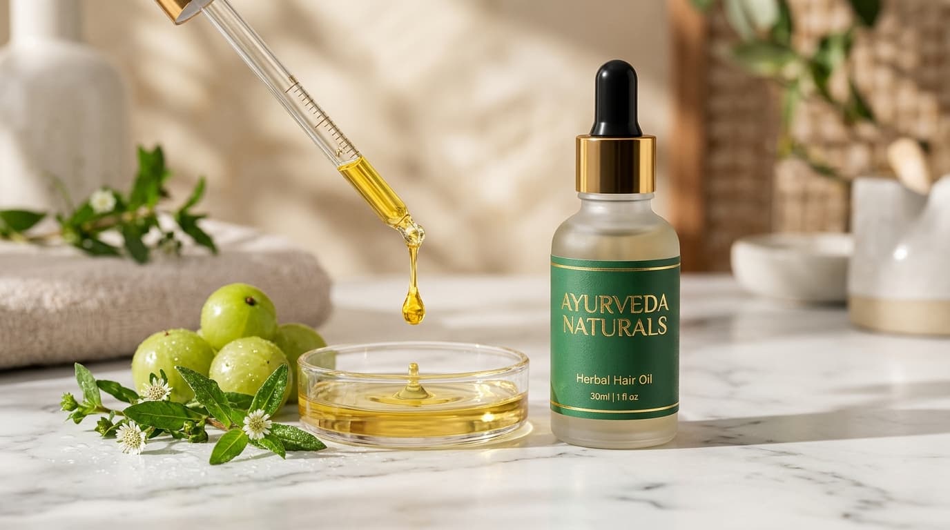 Ayurveda Naturals hair oil with golden dropper on marble for fast hair fall control