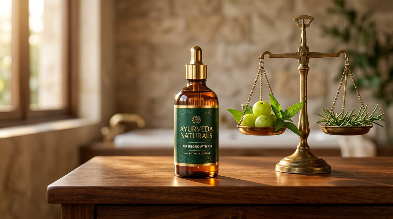Ayurveda Naturals Hair Regrowth Oil and apothecary scale with fresh herbs