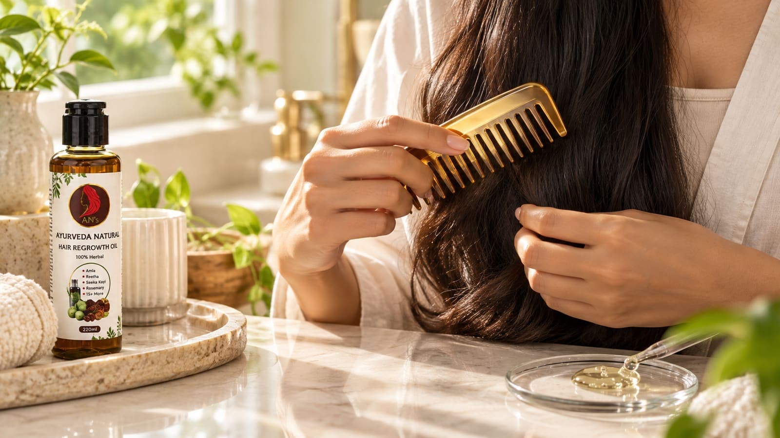 Woman combing dark hair beside Ayurveda Naturals oil and a serum sample on a cream vanity