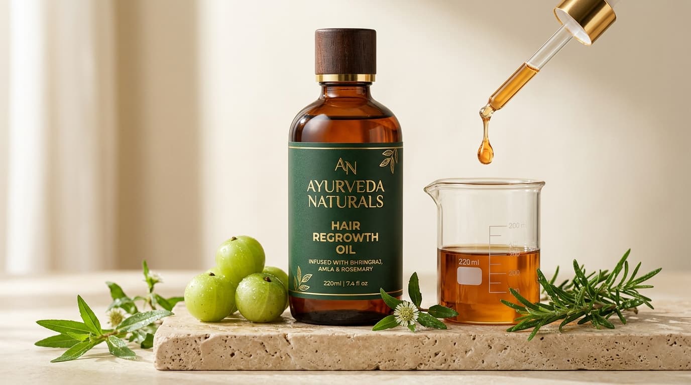 Ayurveda Naturals 220ml hair regrowth oil bottle with graduated beaker and golden dropper