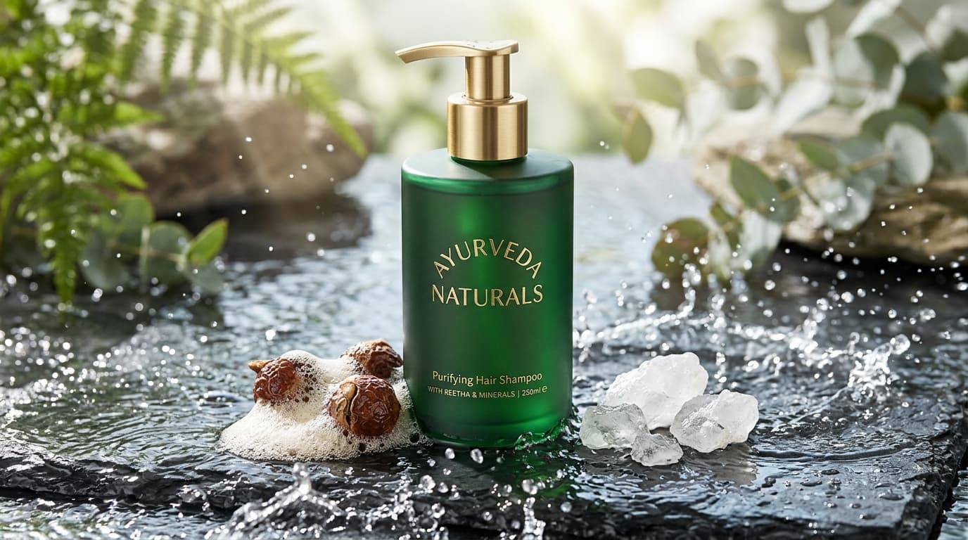 Ayurveda Naturals clarifying shampoo with Reetha soapnuts dissolving hard water mineral salts