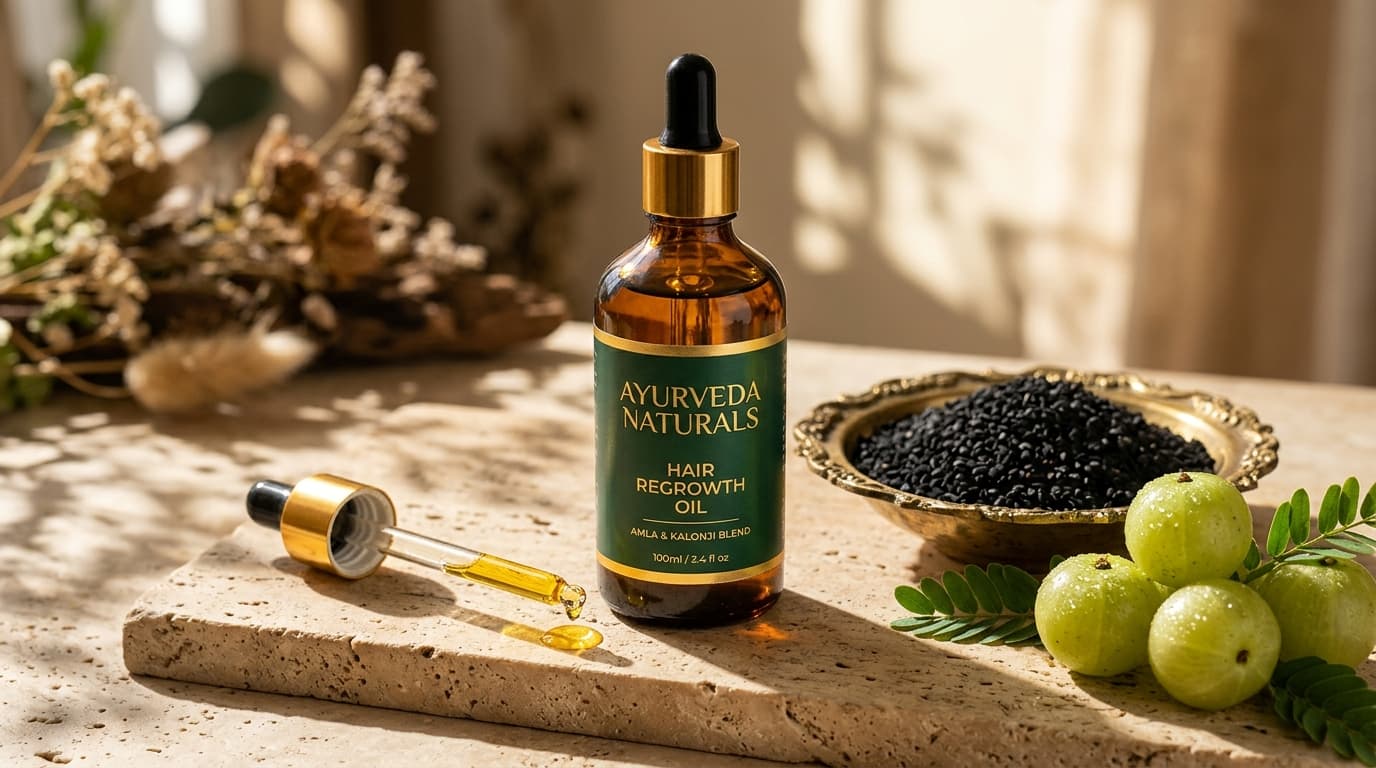 Ayurveda Naturals Kalonji and Amla hair regrowth oil bottle with black seeds and green gooseberries