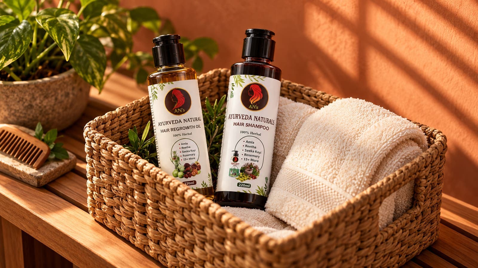 Ayurveda Naturals oil and shampoo styled in a woven basket against a terracotta spa wall