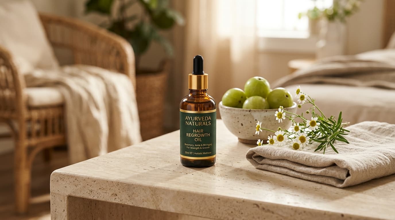 Ayurveda Naturals hair oil with linen wrap and fresh amla for safe postpartum hair loss treatment
