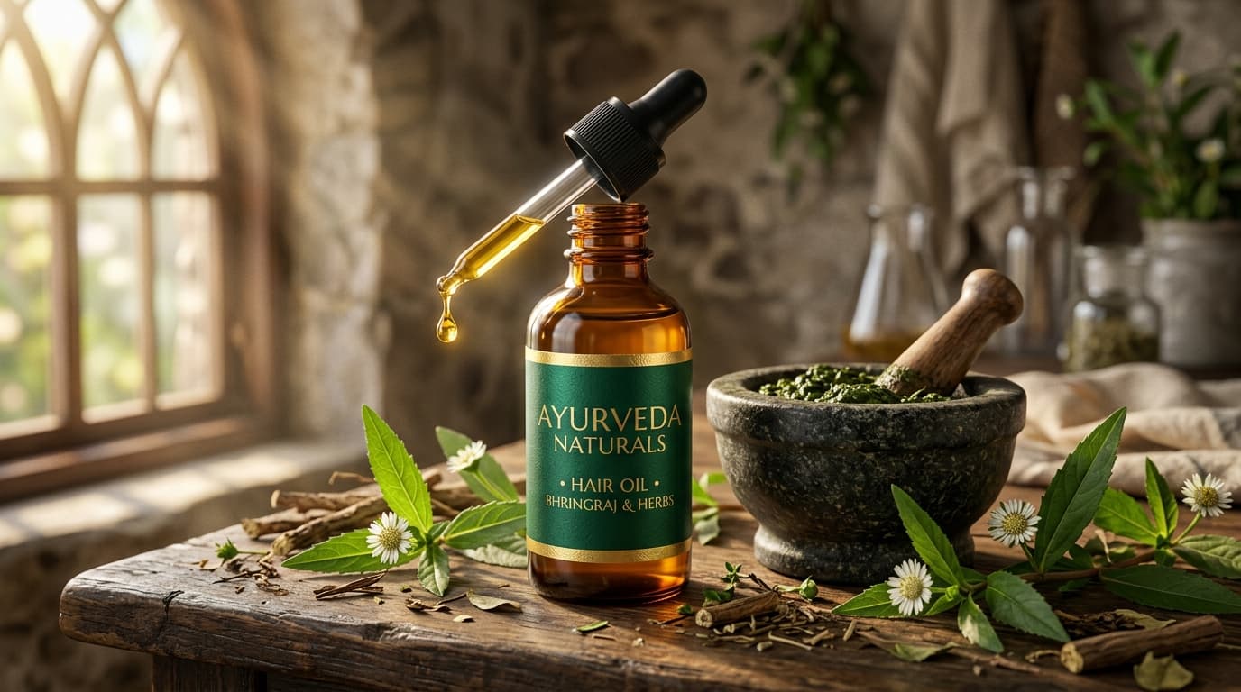Ayurveda Naturals pure Bhringraj hair regrowth oil bottle on vanity