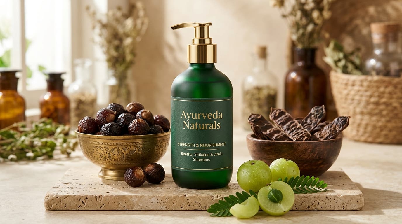 Ayurveda Naturals shampoo with raw Reetha soapnuts, Shikakai pods, and green Amla fruits