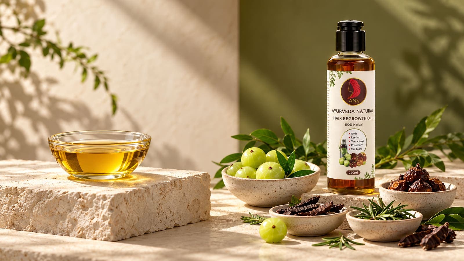 A single oil dish compared with botanical bowls and Ayurveda Naturals oil on cream limestone