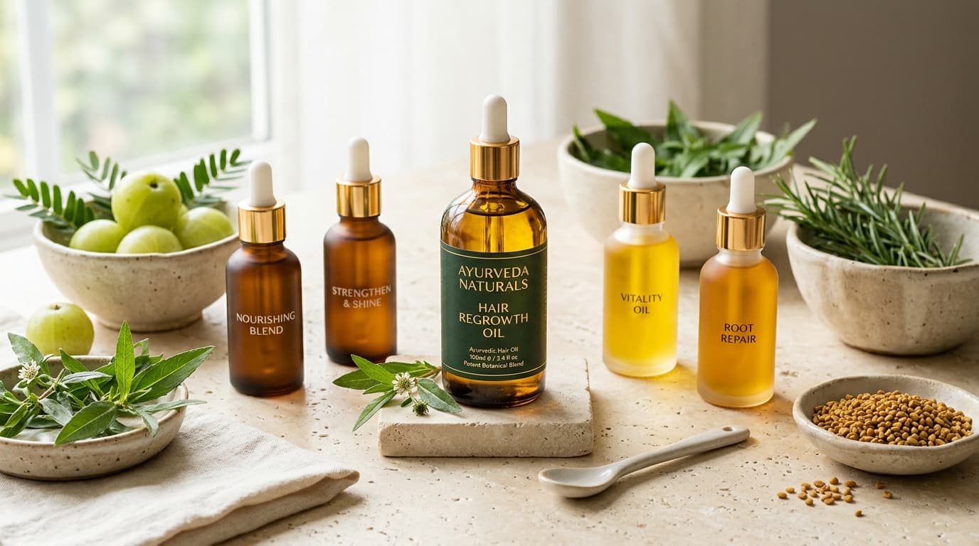 Top natural hair regrowth oils comparison with Ayurveda Naturals on cream limestone