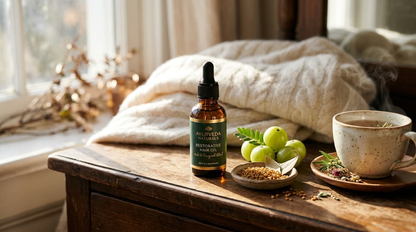 Ayurveda Naturals herbal hair oil for winter dry scalp and seasonal hair fall relief